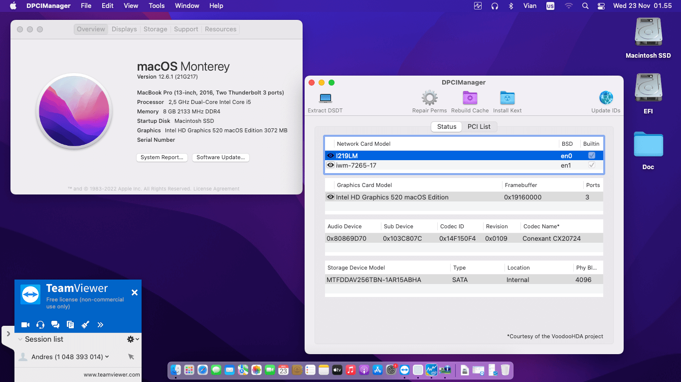 Success Hackintosh macOS Monterey 12.6.1 Build 21G217 in HP EliteBook 820 G3
